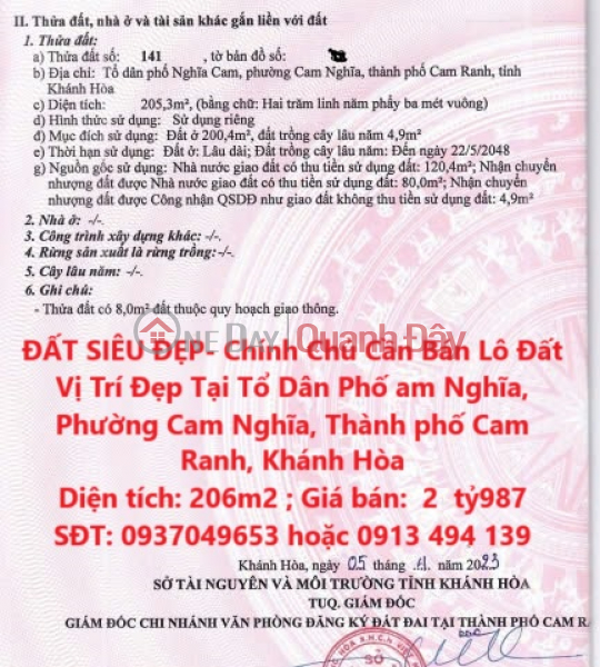 ĐẤT SIÊU ĐẸP- Chính Chủ Cần Bán Lô Đất Vị Trí Đẹp Tại Phường Cam Nghĩa, Thành phố Cam Ranh Niêm yết bán