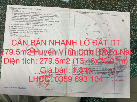 FOR QUICK SALE OF LAND LOT OF 279.5m2 In Tan Binh Commune, Vinh Cuu District, Dong Nai _0