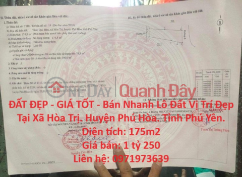BEAUTIFUL LAND - GOOD PRICE - Fast Selling Land Lot with Beautiful Location in Hoa Tri Commune. Phu Hoa district. Phu Yen Province. _0
