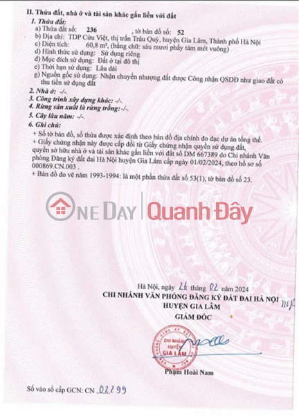 Property Search Vietnam | OneDay | Nhà ở | Niêm yết bán, ĐẤT ĐẸP- GIÁ TỐT - BÁN GẤP LÔ ĐẤT ĐẸP – Cửu Việt, TT Trâu Quỳ, Gia Lâm, HN