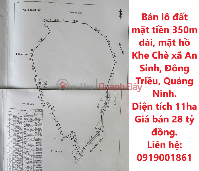 Bán lô đất mặt tiền 350m dài, mặt hồ Khe Chè xã An Sinh, Đông Triều, Quảng Ninh. Niêm yết bán