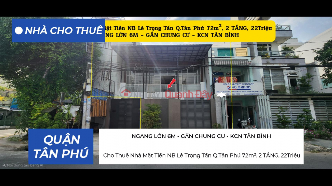 House for Rent on Le Trong Tan Street, Tan Phu District, 72m², 2 Floors, 22 Million VND Rental Listings