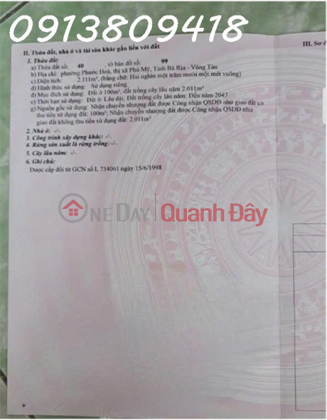 Chính chủ cần bán hoặc cho thuê đất vườn P. Phước Hòa, TX Phú Mỹ, DT 2.111m2, giá đầu tư | Việt Nam, Bán | đ 15,83 tỷ