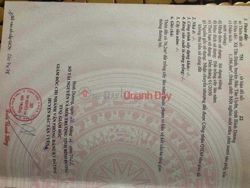 Chính Chủ Cần Bán Lô Đất Xã Tân Định, Huyện Bắc Tân Uyên, Bình Dương Niêm yết bán