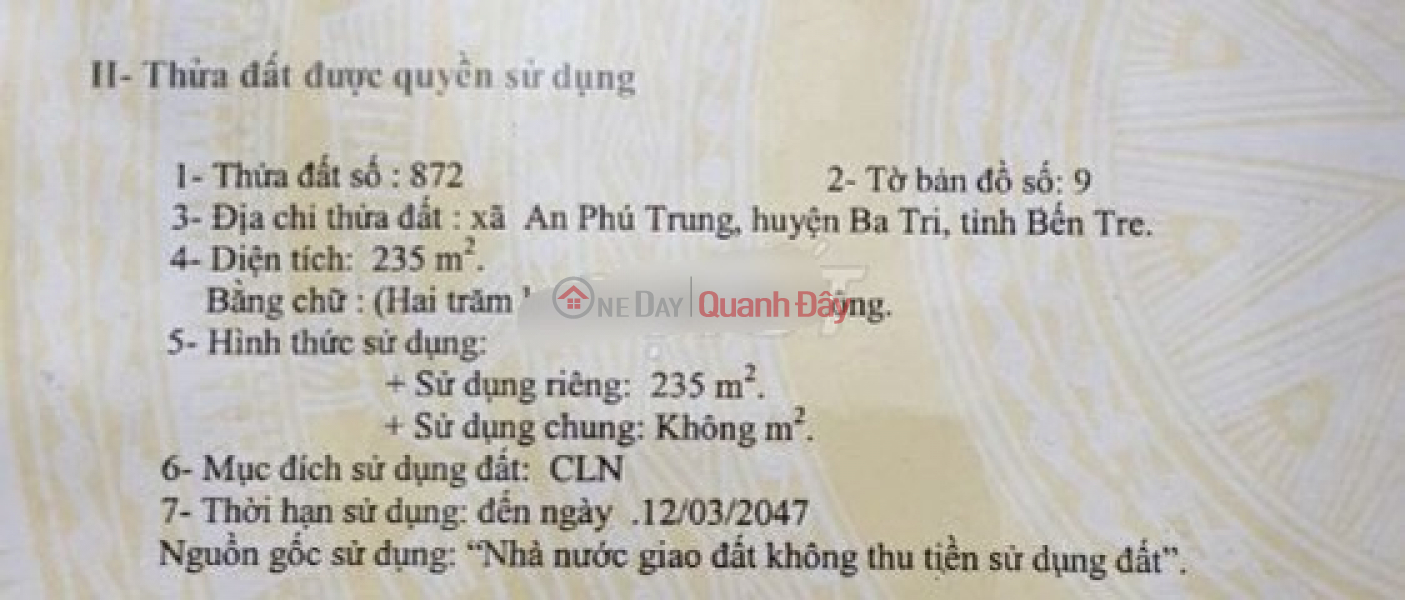 Property Search Vietnam | OneDay | Nhà ở | Niêm yết cho thuê ĐẤT ĐẸP - GIÁ TỐT - Cần Bán Lô Đất CLN Vị Trí Đắc Địa Tại Ba Tri - Bến Tre