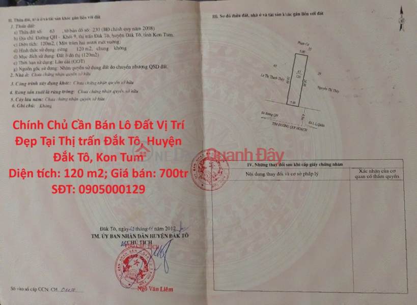 Owner Needs to Sell a Plot of Land in a Beautiful Location in Dak To Town, Dak To District, Kon Tum Sales Listings