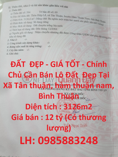 ĐẤT ĐẸP - GIÁ TỐT - Chính Chủ Cần Bán Lô Đất Đẹp Tại Xã Tân thuận, hàm thuận nam, Bình Thuận _0