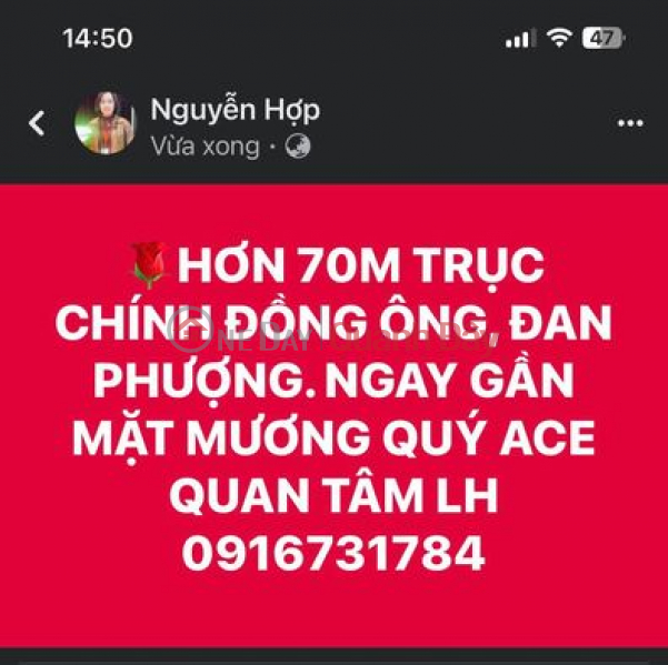 HƠN 70M TRỤC CHÍNH ĐỒNG ÔNG, ĐAN PHƯỢNG. NGAY GẦN MẶT MƯƠNG QUÝ ACE QUAN TÂM LH 0916731784 Niêm yết bán