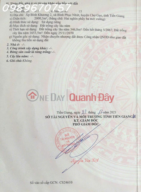 Chính Chủ Cần Bán Đất Xã Bình Phục Nhứt, Chợ Gạo, Tiền Giang, DT 2.003 m², giá đầu tư _0