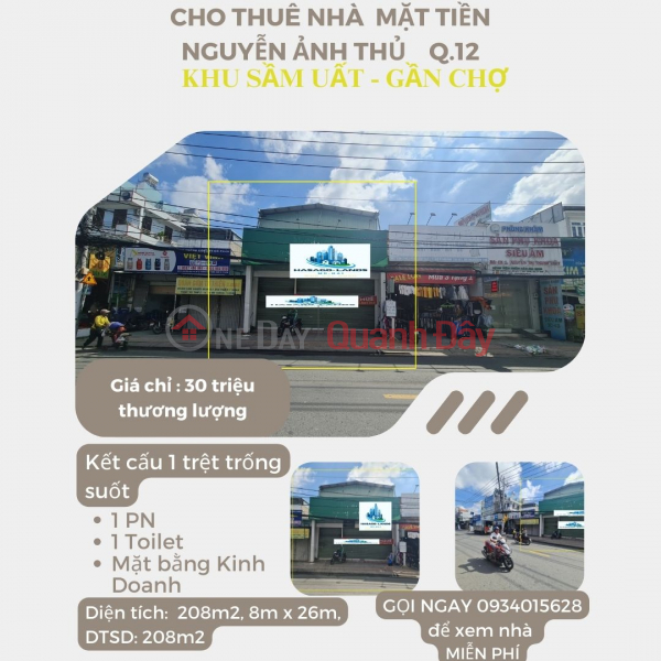 CỰC SỐC- Cho thuê nhà mặt tiền Nguyễn Ảnh Thủ 208m2, 32Triệu-GẦN CHỢ Niêm yết cho thuê