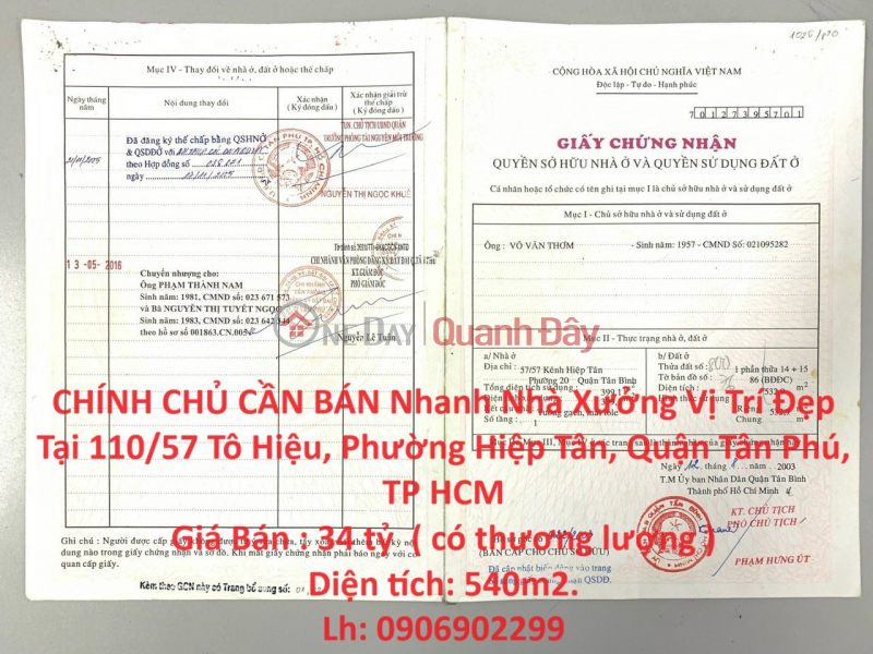 CHÍNH CHỦ CẦN BÁN Nhanh Nhà Xưởng Vị Trí Đẹp Tại Quận Tân Phú , TP HCM Niêm yết bán