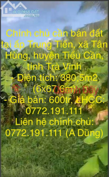 Chính chủ cần bán đất ấpTrung Tiến, xã Tân Hùng, huyện Tiểu Cần, tỉnh Trà Vinh Niêm yết bán