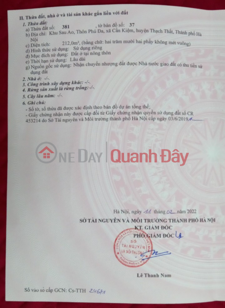 Property Search Vietnam | OneDay | Nhà ở, Niêm yết bán Chủ cần tiền bán cắt lỗ mảnh đất 212m2 full đất ở, Cần Kiệm Thạch Thất Hà Nội.