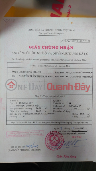 Property Search Vietnam | OneDay | Nhà ở Niêm yết bán bán nhà mặt tiền 13 đường số 7 phường 7 quận gò vấp