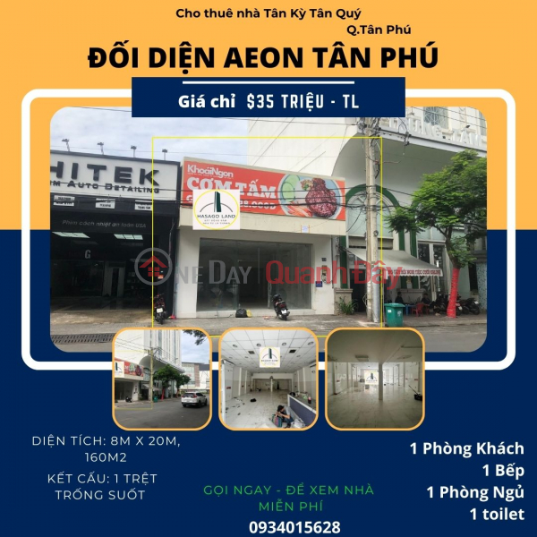 Cho thuê nhà Mặt Tiền cạnh AEON Tân Phú 160m2, 35 triệu, Ngang 8M Niêm yết cho thuê