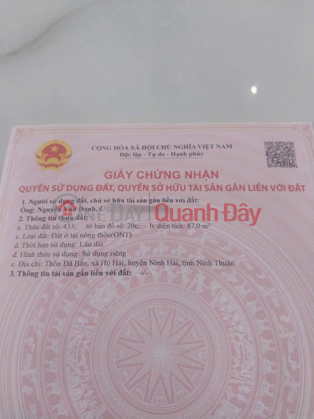 ĐẤT ĐẸP - ĐẦU TƯ SINH LỜI - CHÍNH CHỦ CẦN BÁN Tại Xã Hộ Hải, Ninh Hải, Ninh Thuận Niêm yết bán