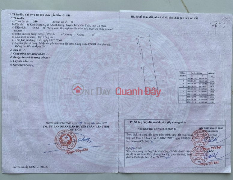 Property Search Vietnam | OneDay | Nhà ở Niêm yết bán, HOT HOT – CHÍNH CHỦ CẦN BÁN ĐẤT VỊ TRÍ ĐẸP TẠI Xã KHÁNH HƯNG, H.TRẦN VĂN THỜI, CÀ MAU