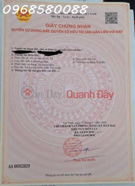 Property Search Vietnam | OneDay | Residential | Sales Listings, Land for sale on TL830 road frontage, Luong Hoa commune, Tay Ninh province, area 460.5m2, investment price.
