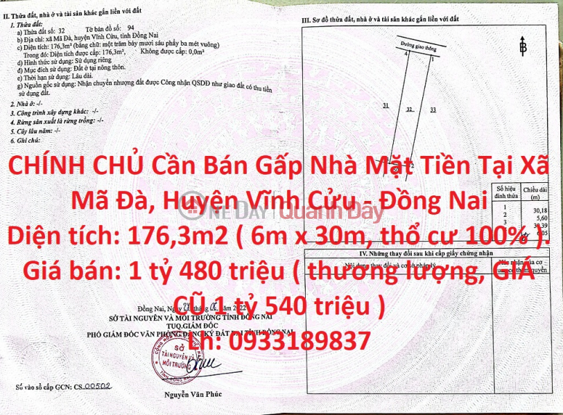 CHÍNH CHỦ Cần Bán Gấp Nhà Mặt Tiền Tại Xã Mã Đà, Huyện Vĩnh Cửu - Đồng Nai Niêm yết bán