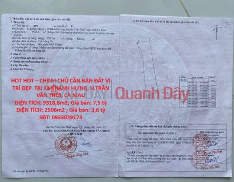 HOT HOT – CHÍNH CHỦ CẦN BÁN ĐẤT VỊ TRÍ ĐẸP TẠI Xã KHÁNH HƯNG, H.TRẦN VĂN THỜI, CÀ MAU _0