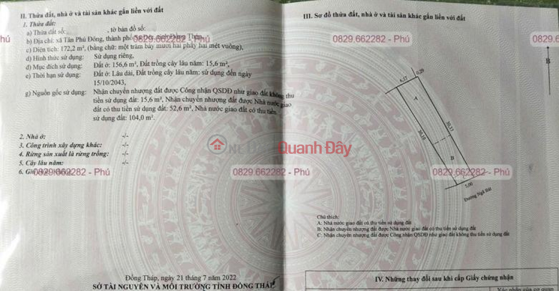 Bán Đất nền Vị trí ngay mặt tiền đường Ngã Bát Bờ Phải, xã Tân Phú Đông, TP.Sa Đéc. Niêm yết bán