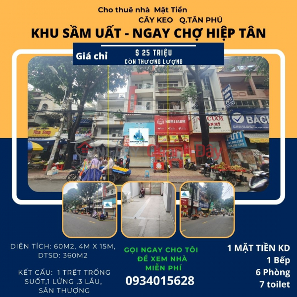 CỰC SỐC-Cho thuê nhà Mặt Tiền CHỢ Hiệp Tân 60m2, 3Lầu+ST, 25Triệu Niêm yết cho thuê