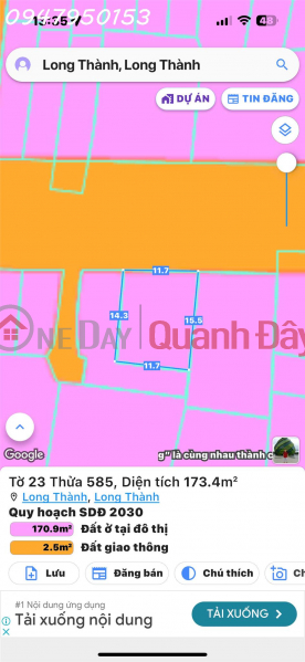 đ 7.5 Billion Land for sale (suffocating) in Long Thanh Town, Long Thanh, Dong Nai, 7.5 billion, 173.4 m2 - rare item