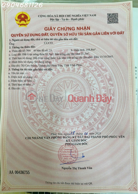 Land for sale in Xuan Hoa ward, near Dai Lai lake, area 104.8m2, price 2 billion VND. _0