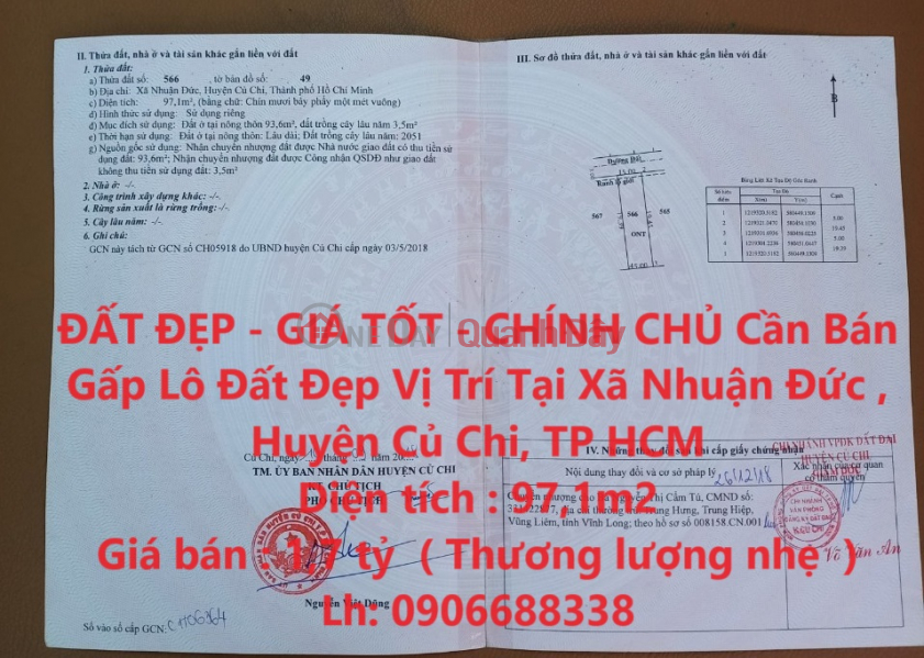 BEAUTIFUL LAND - GOOD PRICE - OWNERS Need to Sell Beautiful Land Plot Urgently Location in Cu Chi District, HCMC Sales Listings
