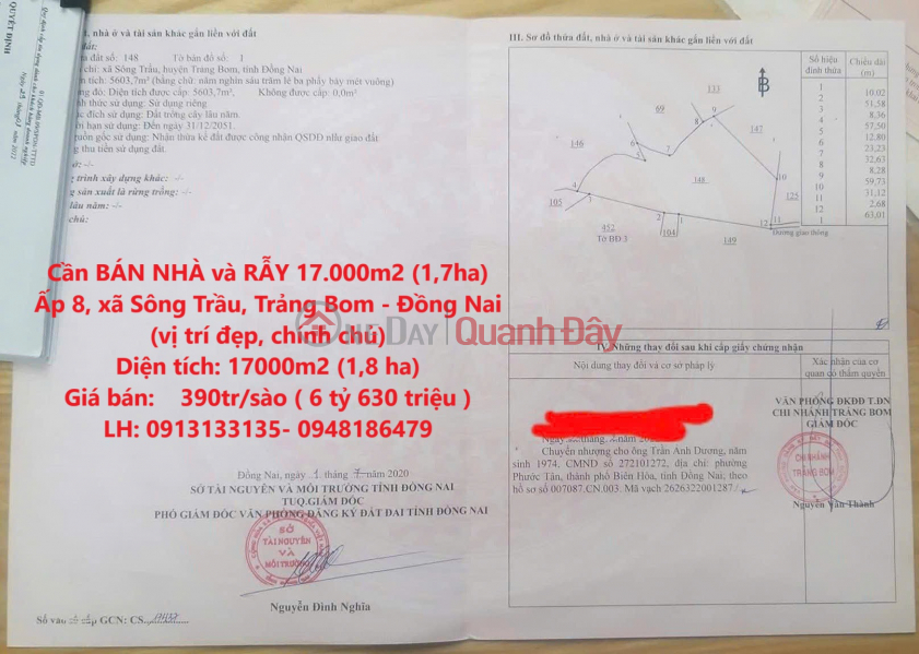 Cần BÁN NHÀ và RẪY 17.000m2 (1,7ha) Ấp 8, xã Sông Trầu, Trảng Bom - Đồng Nai (vị trí đẹp, chính chủ) Niêm yết bán