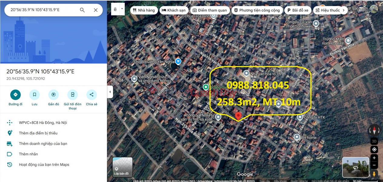 Bán đất mặt đường Yên Bình - Hòa Bình, phường Yên Nghĩa, Hà Nội. 258m2, MT 10m, miễn TG Niêm yết bán