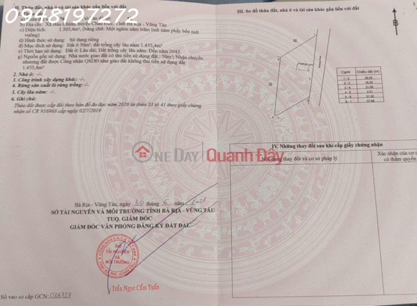 Siêu phẩm - Bán lô đất siêu đẹp Bàu Chinh, Châu Đức, Bà Rịa Vũng Tàu, DT 1505m2, giá 6,2tỷ Niêm yết bán
