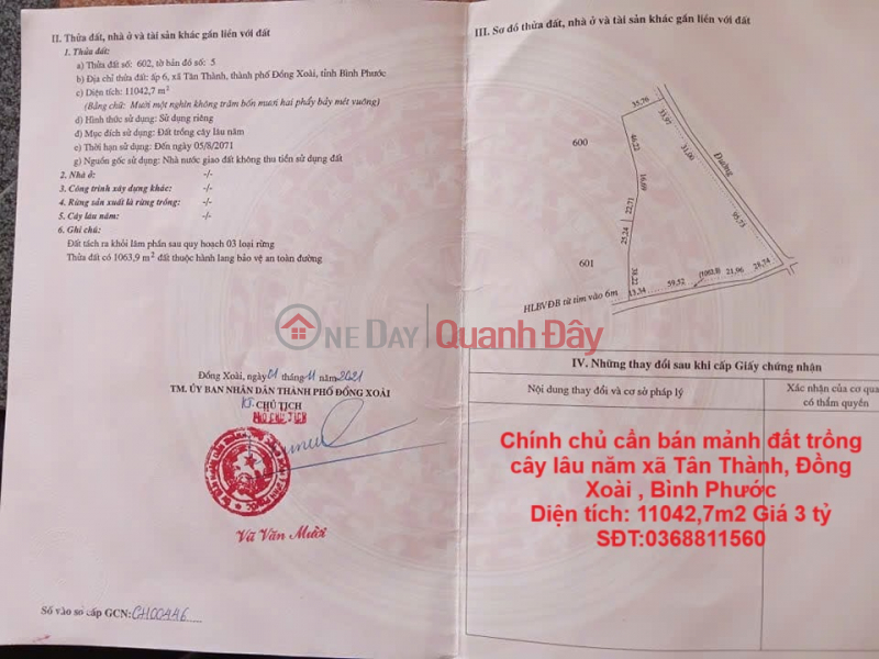 Chính chủ cần bán mảnh đất trồng cây lâu năm xã Tân Thành, Đồng Xoài , Bình Phước Niêm yết bán