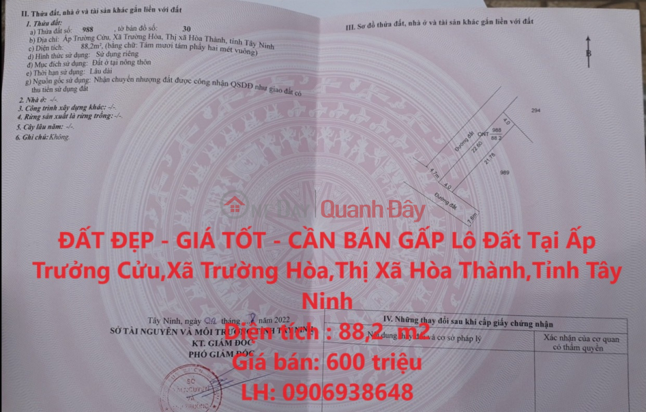 BEAUTIFUL LAND - GOOD PRICE - FOR URGENT NEED FOR SALE Land Plot In Hoa Thanh, Tay Ninh Sales Listings