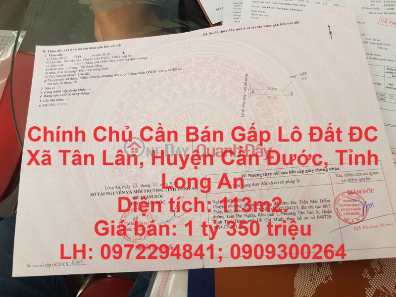 Chính Chủ Cần Bán Gấp Lô Đất ĐC Xã Tân Lân, Huyện Cần Đước, Tỉnh Long An Niêm yết bán