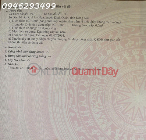 Chính chủ cần bán đất Xã La Ngà, Định Quán, Đồng Nai, sát Hồ Trị An,DT 1.501m2, giá đầu tư _0