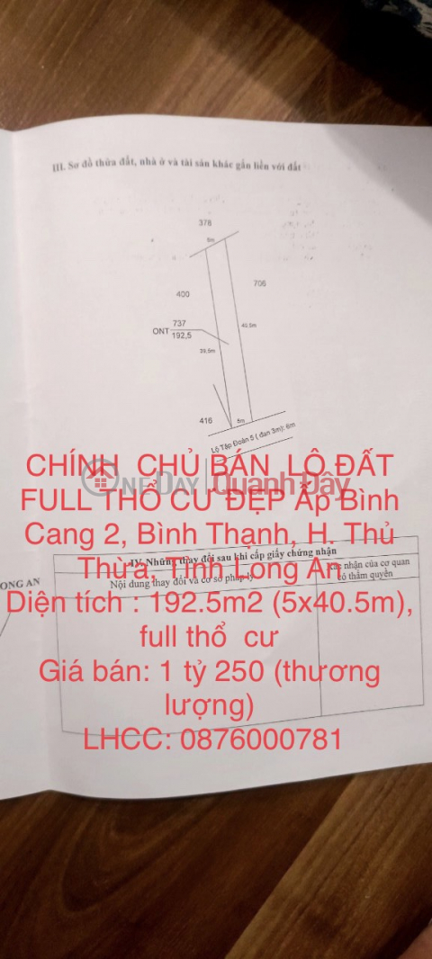 CHÍNH CHỦ BÁN LÔ ĐẤT FULL THỔ CƯ ĐẸP Ấp Bình Cang 2, Bình Thạnh, H. Thủ Thừa, Tỉnh Long An _0