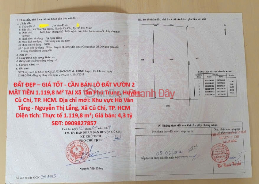 PRIME LOCATION - GREAT PRICE - FOR SALE: 1,119.8 M² GARDEN LAND PLOT WITH TWO FRONTAGES IN TAN PHU TRUNG COMMUNE, CU CHI DISTRICT, HO CHI MINH CITY Sales Listings