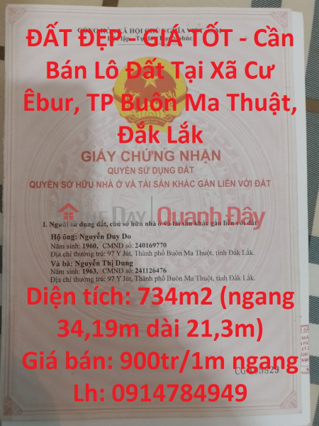 ĐẤT ĐẸP - GIÁ TỐT - Cần Bán Lô Đất Tại Xã Cư Êbur, TP Buôn Ma Thuật, Đắk Lắk Niêm yết bán