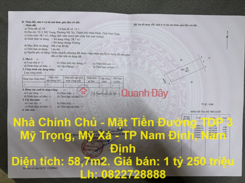 Nhà Chính Chủ - Mặt Tiền Đường TDP 3 Mỹ Trọng, Mỹ Xá - TP Nam Định, Nam Định Niêm yết bán