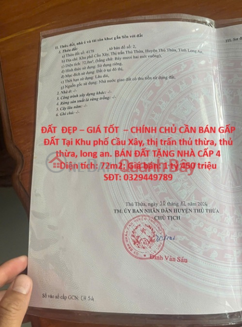 PRIME LAND – GREAT PRICE – OWNER URGENTLY SELLING LAND in Cau Xay neighborhood, Thu Thua town, Thu Thua district, Long An province. _0