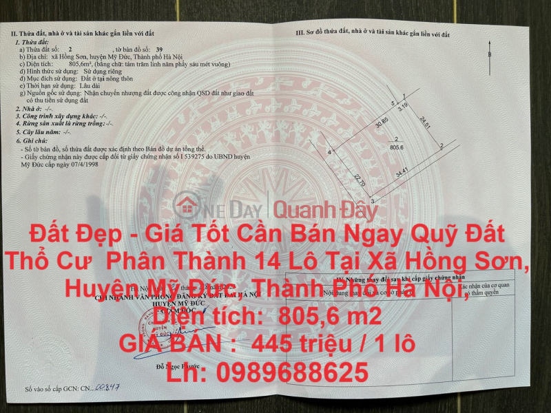 Đất Đẹp - Giá Tốt Cần Bán Ngay Quỹ Đất Thổ Cư Phân Thành 14 Lô Tại Hồng Sơn, Mỹ Đức. Niêm yết bán