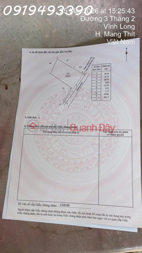 Owner needs to sell 1,859m2 of land with 300m2 of residential land available, 57m frontage, price 1.3 billion VND in Quoi An Commune. _0