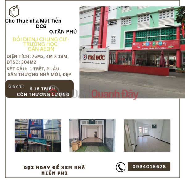 Cho thuê nhà mặt tiền Gần AEON 76m2, 2Lầu + ST, 18Triệu Niêm yết cho thuê