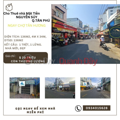 SỐC - Cho thuê nhà 2 mặt tiền ngay CHỢ Tân Hương 136m2, 20Triệu _0