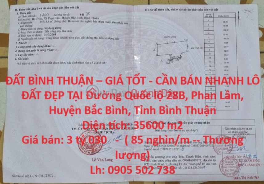 ĐẤT BÌNH THUẬN – GIÁ TỐT - CẦN BÁN NHANH LÔ ĐẤT ĐẸP TẠI Đường Quốc lộ 28B, Phan Lâm, Huyện Bắc Bình Niêm yết bán