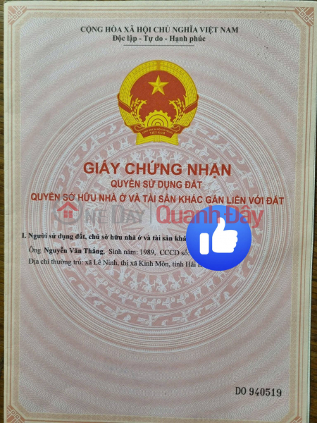 Bán lô đất 90m2 ( mặt tiền 5m) Tại Minh Tân - Kinh Môn - Hải Dương. Niêm yết bán