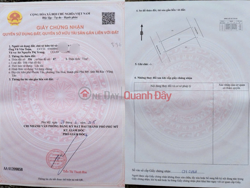 CHÍNH CHỦ Bán Đất Mặt Tiền Chợ Tân Hoà, TP Phú Mỹ, Bà Rịa Vũng Tàu Niêm yết bán