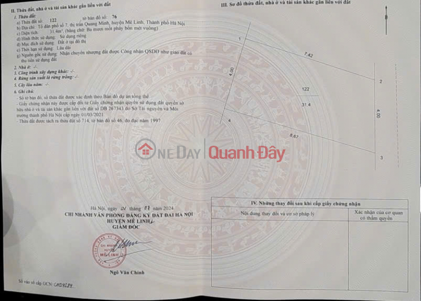 Đất tổ 7, Quang Minh, Mê Linh. Mặt đường Võ Văn Kiệt. Cạnh ngã tư Long Việt Niêm yết bán