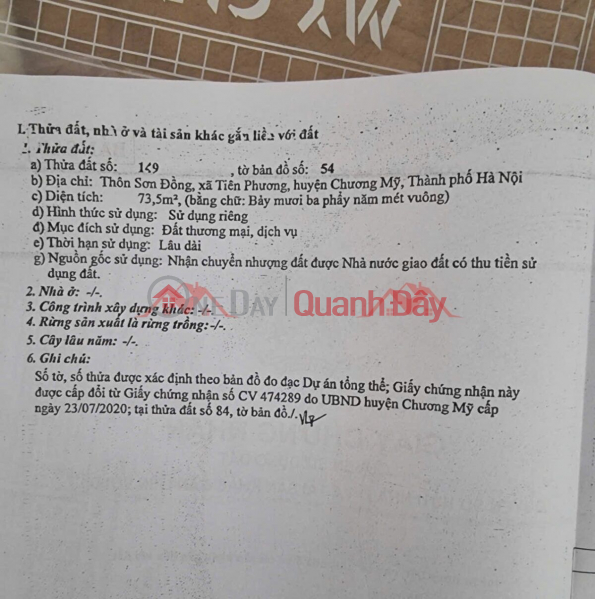 đ 4 tỷ CHỦ CẦN TIỀN BÁN GẤP LÔ ĐẤT 73,5M ĐẤT DỊCH VỤ TIÊN PHƯƠNG-CHƯƠNG MỸ-HÀ NỘI